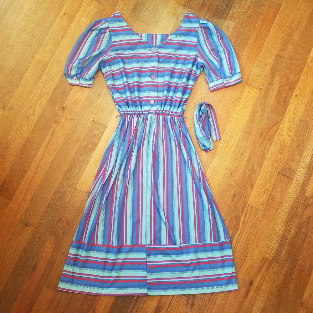 Women's Midi Dress & Belt Vintage 80s Striped Sz 5/6 Twee Spring Colorful